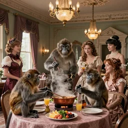 Inside a Victorian mansion, macaques cook among attractive women
