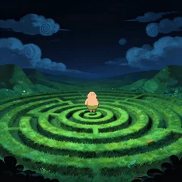 night chubby cartoon concept art, grass spiral mountain labyrinth landscape, from horton hears a who!, black blue green, spiral clouds