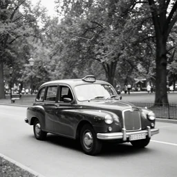black and white vintage photo of a taxi car driving at the park