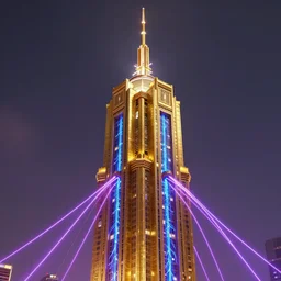 golden tower with portal on the top, by greg rutkowski, by anton fadeev, by rhads, 4 k, cyber punk style, glowing blue veins, purple glowing wires
