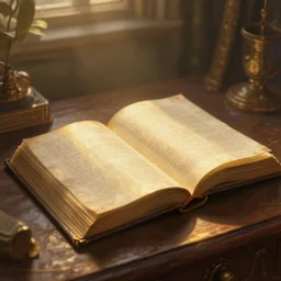 a painting of a magical book laying open on a desk, fantasy concept art, golden hour, cinematic lighting, highly detailed