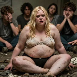 photo of Elle fanning extremely obese, disgusting expression, sitting in her own filth, while sad obsessed fan looks on disappointed