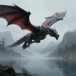 dark dragon flying over a lake, fog, mountains in background, detailed digital painting, trending artstation