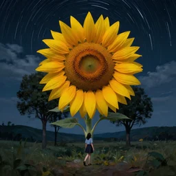 giant sunflower as a face, girl walking between trees, hills, surreal photography, dark night, star trails, dramatic light, impressionist painting, clouds, digital painting, artstation, simon stalenhag