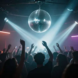 crowd partying with their hands up at a club, volumetric lighting, haze, light beams, discoball, silhouette, digital art, trending on artstation, 4k, unreal engine, intricate, ornate