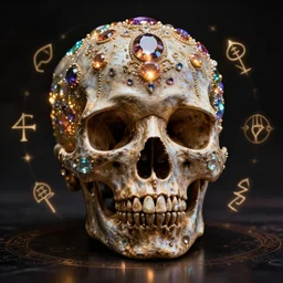 a realistic image of a arcane humanoid skull covered in glowing gemstones, glowing eyes, magical symbols all around it, ancient, mystical, dramatic lighting, reflective, dark , 8k, mythical