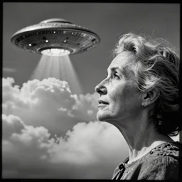 an aged greyscale analog photograph of a beautiful woman looking at a ufo sighting, detailed clouds, high contrast, film grain, color bleed