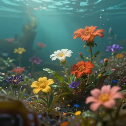 colourful murky nature with the flowers in underwater, in the style of craola, shallow depth of field, highly detailed, digital painting, trending artstation, concept art, illustration, cinematic lighting, vibrant colors, photorealism, epic, octane render