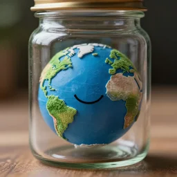 a tiny realistic smiling earth contained inside a glass jar only. sharp focus, photography, unreal engine, trending on artstation, photorealistic, octane, trending on deviantart, unreal engine