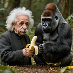 albert einstein with pet gorilla, creating technology out of banana, realistic
