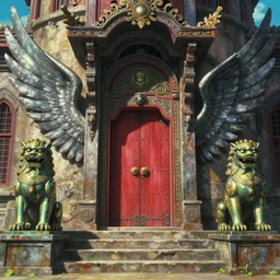 memorable animation key shot of a temple, red door, stone steps, symmetrical brass lion statues, giant steel angel wings, sunlight, entrance, ornate, rust, art deco, metal rivets, by ghibli, shinji kimura, background art, fantastic architecture, cinematic lighting