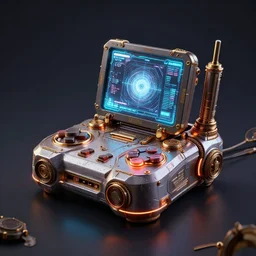 steampunk gaming console, digital art, product photo, display glowing