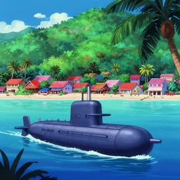 lush tropical sea saturated vaporwave colors matte animation cel still of a submarine in the bay seaside town detailed 1 9 9 0