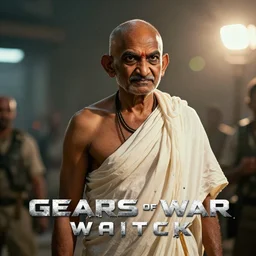 Mahatma Gandhi in Gears of War, splash art, movie still, cinematic lighting, dramatic,  octane render, long lens, shallow depth of field, bokeh, anamorphic lens flare, 8k, hyper detailed, 35mm film grain