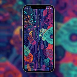 A desktop wallpaper that visualizes AI, blend elements, stylistic, visualize, vivid colors, geometric but organic, the matrix, iPhone wallpaper, Machine Learning, surrealism