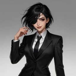a highly detailed illustration of beautiful short black messy haired woman wearing eyepatch!!! and noir style suit and tie, dramatic smiling pose, intricate, elegant, highly detailed, centered, digital painting, artstation, concept art, smooth, sharp focus, league of legends concept art, WLOP