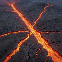 aerial view, ground cracked open, fissures, magma glow, fire, destruction, incandescent leylines, landscape painting by chuck jones makoto shinkai