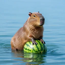 professional photo of a capybara sitting on a watermelon that is floating in the middle of the ocean at sunset, taken on a hasselblad xd 1 with a 5 5 mm lens at f / 4. 5