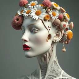 biomechanical beautiful woman portrait with a smooth carved porcelain ivory profile face, futuristic haute couture, iris van herpin, headdress with daisies, colorful puffballs, mushrooms, rhizomorphs, brackets, sponge corals, laser cut paper mesh, red plump lips, hyper detailed, ultra sharp, soft light, 8 k, uhd