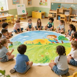 crazy kids in kindergarten among big painting in center, cinematic colors, realistic shaded lighting poster by ilya kuvshinov, magali villeneuve, artgerm, jeremy lipkin and michael garmash and rob rey