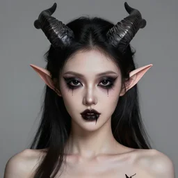 a beautifully creepy portrait, female devil, professionally retouched, soft lighting, realistic, pointed elf ears, horns, pointed fangs, jet black alien eyes, wide angle, sharp focus, 8 k high definition, insanely detailed, intricate, elegant, beautiful, horros, creepy, art by artgerm and wlop