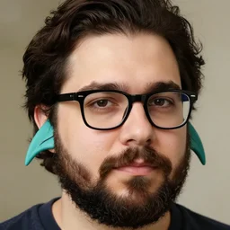buff electritian with dark hair, a beard and black rim glasses
