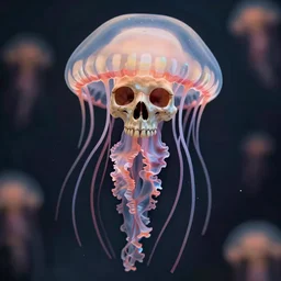 incredibly realistic, too detailed portrait of a caricature of the jellyfish with grim reaper's skull, centered portrait, octane render, bump mapping, global illumination, unreal engine 5, 8 k, bokeh, d & d digital art, mark ryden, rob gonsalves