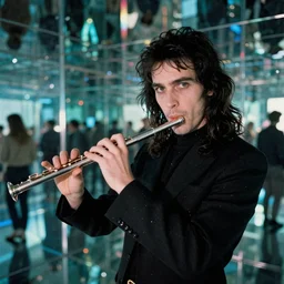 album cover of a 3 / 4 view of a nosferatu playing the flute, led infinite mirror effect background, looking at the camera, galactic disco funk, vintage, grainy