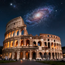 Colosseum burning to the ground, galaxy sky night