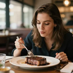 woman eating a steak at a resteraunt
