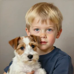 a cute three year old boy with short straight blonde hair with a very cute wire haired jack russell terrier puppy, white with brown patches over both eyes. detailed, high quality painting by artgerm and greg rutkowski and alphonse mucha