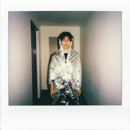 polaroid, man standing wrapped in aluminum foil, brightly lit hallway