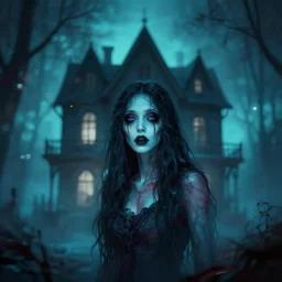 A telegenic Portrait of a haunted house Succubus in a fright disquieting environment by Emil Carlsen, trending on Saatchi Art.:5, 32k resolution, 4k resolution, Skybox, Ambient Occlusion, Chromatic Abberation, in the Style of Chalks, Bokeh:2, Tiffany Blue color scheme, blur, bokeh, dof:-1