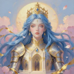 breathtaking detailed soft painting of a knight queen with long flowing blue hair, pastel flowers petals and golden ribbons flying, art by pilyeon and yuumei art, symmetrical facial features, at dawn in front of a pristine golden art nouveau cathedral, elegant, volumetric lighting, highly detailed, artstation, concept art, matte, sharp focus,