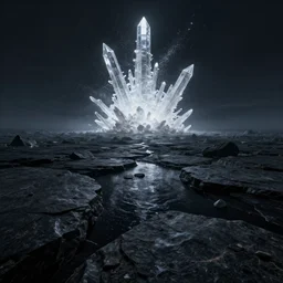 octane render uhd, 8 k art photography, filmic lighting, cinematic art shot, hyperrealistic, hyperdetailed, super detailed, 8 k, high resolution, vast dark granite landscape with mysterious strangle glowing crystalline structure made of white rocks in the far distance, particle simulation, high tech architectural wonder alien structure, painting by ross tran and ivan aivazovsky, black water, midnight