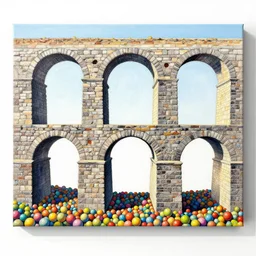 acrylic canvas aqueduct and _ arches 3 6 0 panorama 3 - point perspective escher style pattern of colorful balls unfinished
