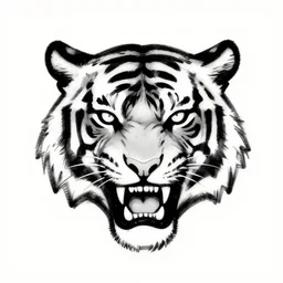 black logotype, fearless african tiger head with spiky ears, very aggressive mouth, lethal eyes, as a very simple quick sketch in thin black ink
