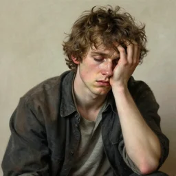 portrait of a disillusioned young man, drained of energy by the artistic struggle, by louis wain and johanna martine, trending on artstation