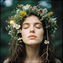 An analog head and shoulder face photography of a woman surrounded by flowers, vines and roots by Maxim Nikolaev. closed eyes. Kodak Portra 800 film. Depth of field. whirl bokeh. Sunshine. detailed. hq. realistic. warm light. muted colors. Moody. Filmic. Dreamy. lens flare. Leica M9, f/1.2, symmetrical balance, in-frame