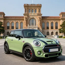 a highly detailed matte painting of a mini cooper s in the style of greg rutkowski and remedios varo in front of neues rathaus, ultra realistic, detailed, intricate, full of color, 4 k, hyperrealistic, focused, extreme details, masterpiece