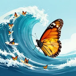 monarch butterflies in the form of an ocean wave, with surfers, artstation