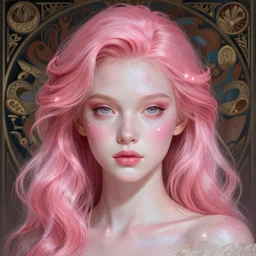 Portrait of a eurasian girl with pink hair, glowing skin, fantasy, intricate, elegant, highly detailed, digital painting, artstation, concept art, smooth, sharp focus, illustration, art by Krenz Cushart and Artem Demura and alphonse mucha