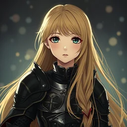 baroque oil painting of japanese light novel illustration anime key visual full body shot closeup | young girl wearing black military crusader armour with long flowing blonde hair | perfect face fine detail wistful gaze | lotr gapmoe kuudere moody lighting studio bokeh highlights sharp contrast | trending pixiv fanbox | by greg rutkowski makoto shinkai takashi takeuchi studio ghibli