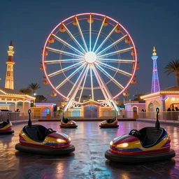 an amusement park in old egypt, ferris wheel, bumper cars, lights, digital art, trending on artstation, matte painting