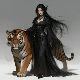 dark fantasy female dark sorceress, with pet tiger, highly detailed, qichao wang, artgerm, cushart krenz, zeronis, trending on artstation, soft light, sharp edges, illustration, character design, concept art