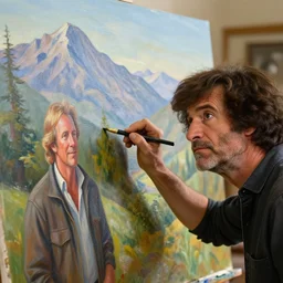 a closeup photorealistic photograph of bob ross putting the finishing touches on a canvas painting that includes kenny powers. mountains and trees. film still. brightly lit scene. this 4 k hd image is trending on artstation, featured on behance, well - rendered, extra crisp, features intricate detail, epic composition and the style of unreal engine.