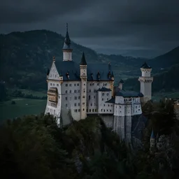 a castle on a hill, surrounded by a dark, foreboding forest.