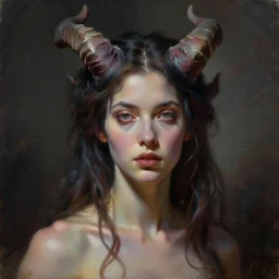 a beautiful woman with horns, painted by artgerm and tom bagshaw, fantasy art, dramatic lighting, highly detailed oil painting