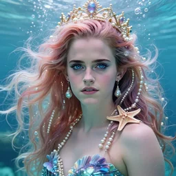 emma watson portrait, fantasy, mermaid, hyperrealistic, game character, underwater, highly detailed, sharp focus, cinematic lighting, pearls, glowing hair, shells, gills, crown, water, highlights, starfish, jewelry, realistic, digital art, pastel, magic, fiction, ocean, king, colorful hair, sparkly eyes, fish, heroic, goddess, waves, bubbles, queen