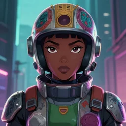 anime portrait illustration of a 👩🏿🚀 gundam pilot in an intricate helmet, hiphop urban inspired, symmetrical proportions, symmetrical perfect facial features, cinematic lighting, hd, 3 2 k, octane, unreal engine, in the style of go teen titans and disney's pixar, by denys cowan and dwayne mcduffie, liquidcoco
